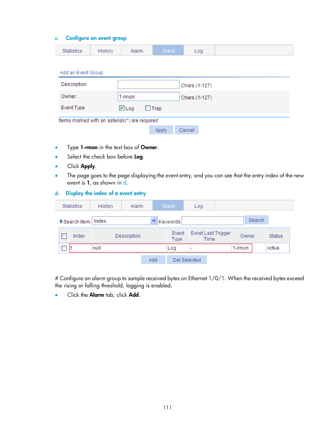 HP V1910 manual Configure an event group, Display the index of a event entry, 111 