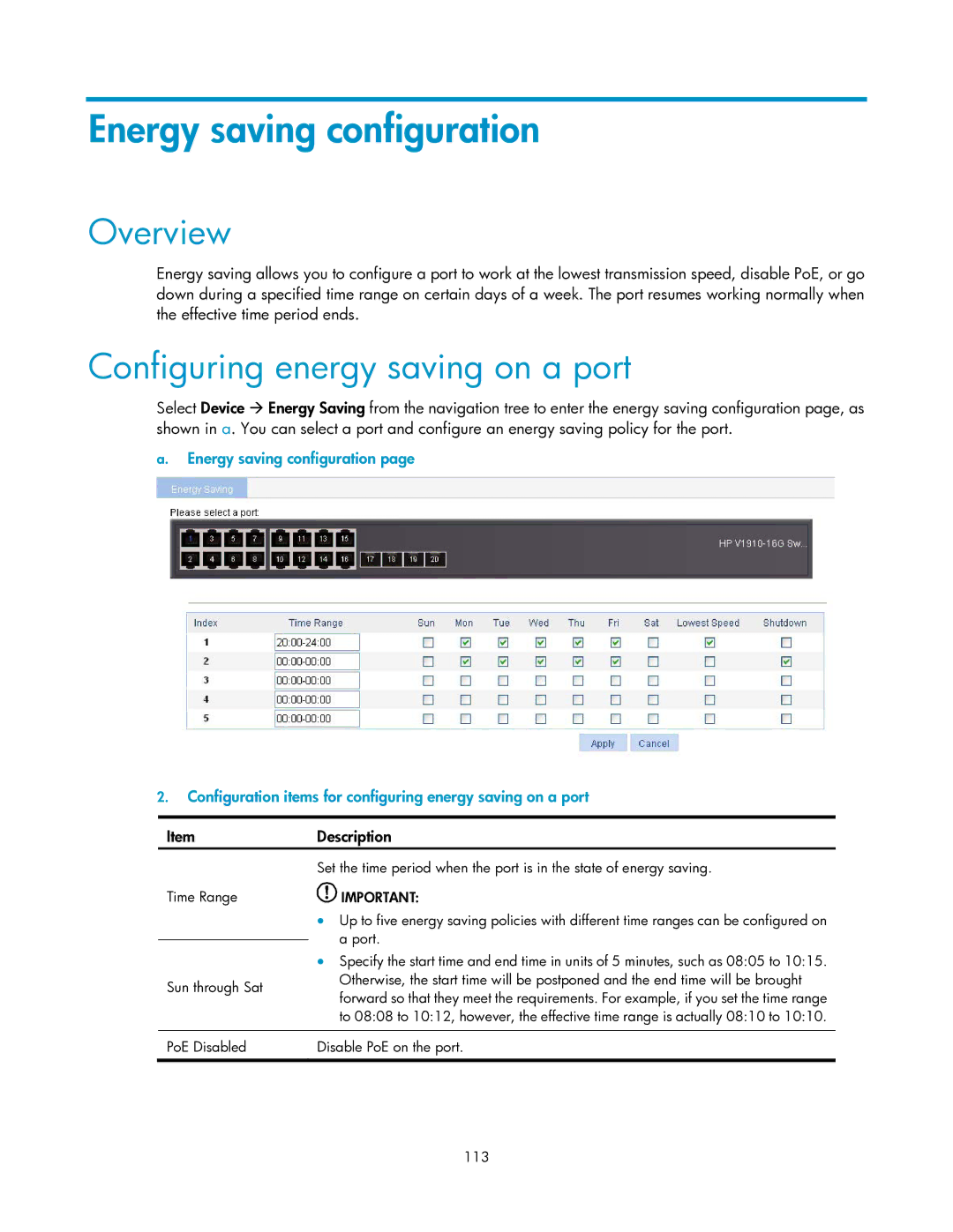 HP V1910 manual Energy saving configuration, Configuring energy saving on a port, PoE Disabled Disable PoE on the port 113 