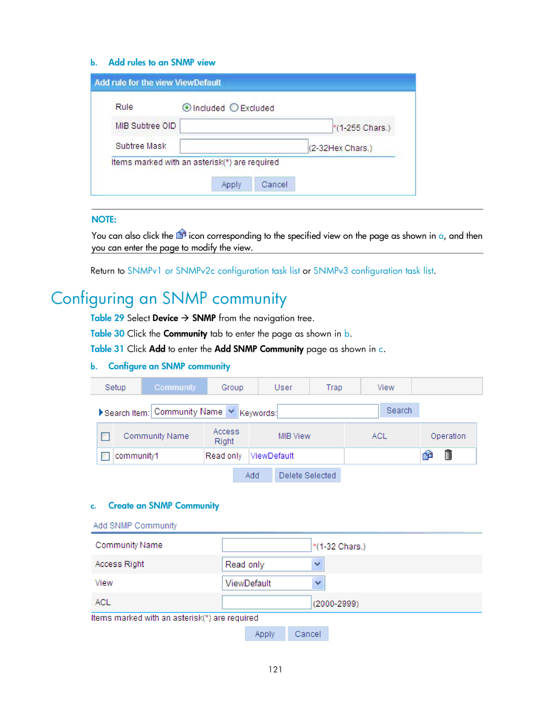 HP V1910 Configuring an Snmp community, Add rules to an Snmp view, Configure an Snmp community Create an Snmp Community 