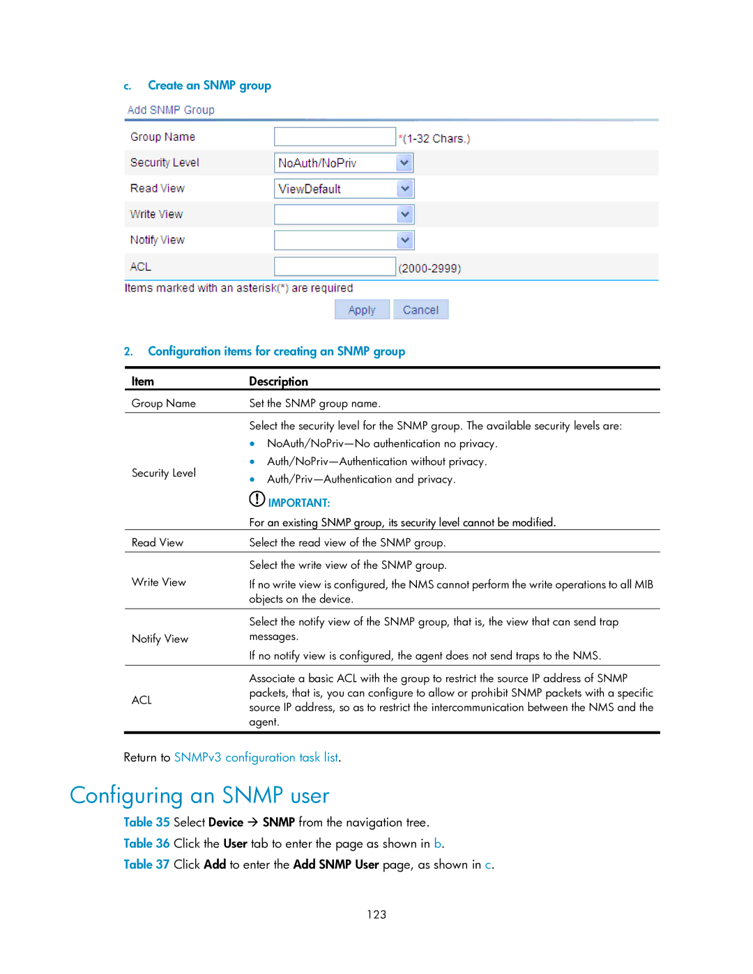 HP V1910 manual Configuring an Snmp user, Return to SNMPv3 configuration task list, Objects on the device, Agent, 123 