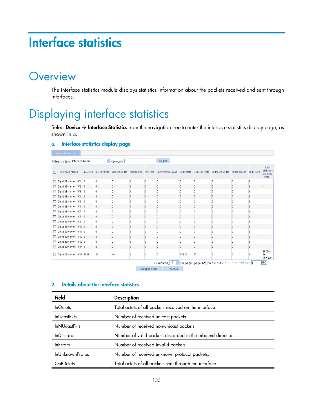 HP V1910 manual Interface statistics, Displaying interface statistics 