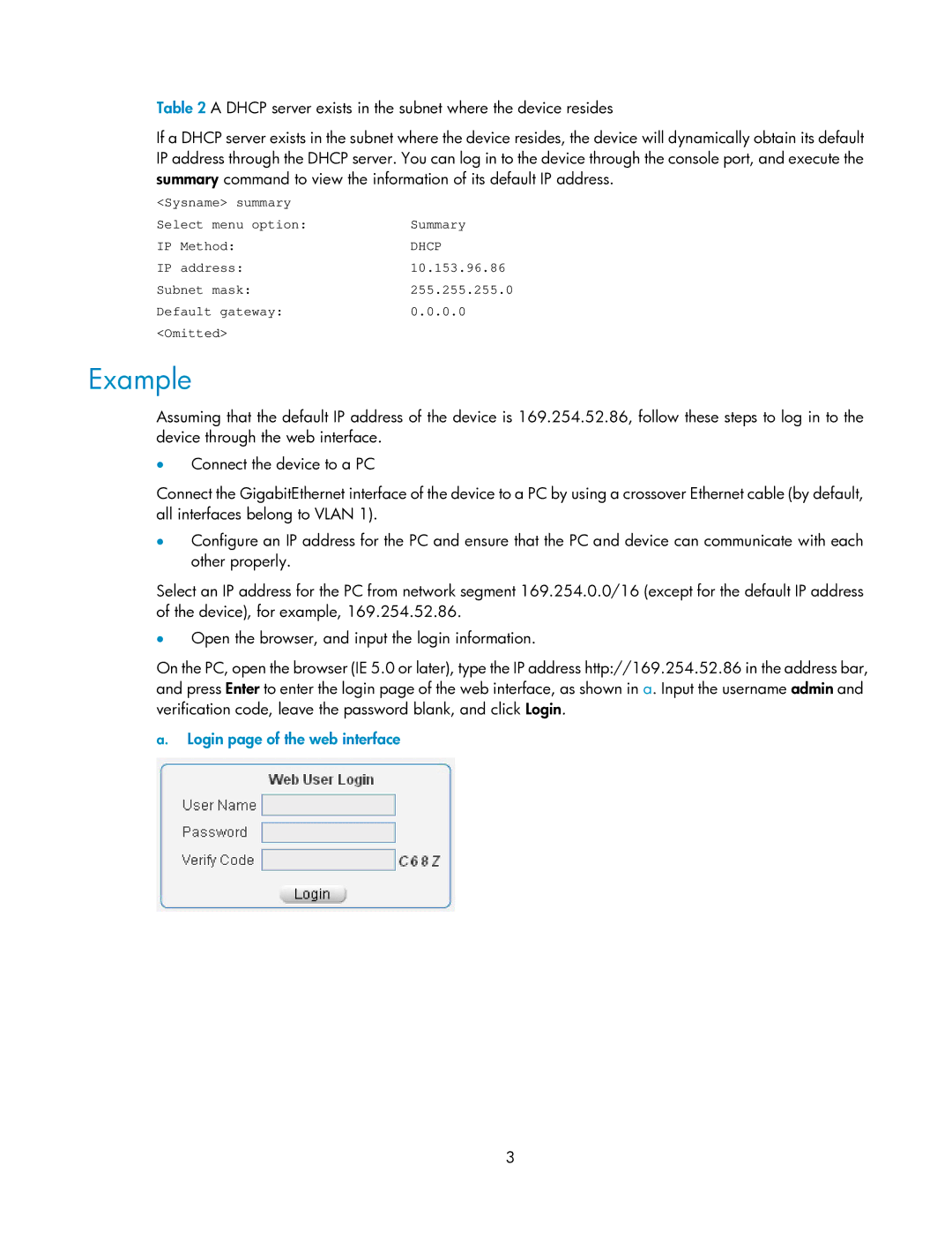 HP V1910 manual Example, Login page of the web interface 