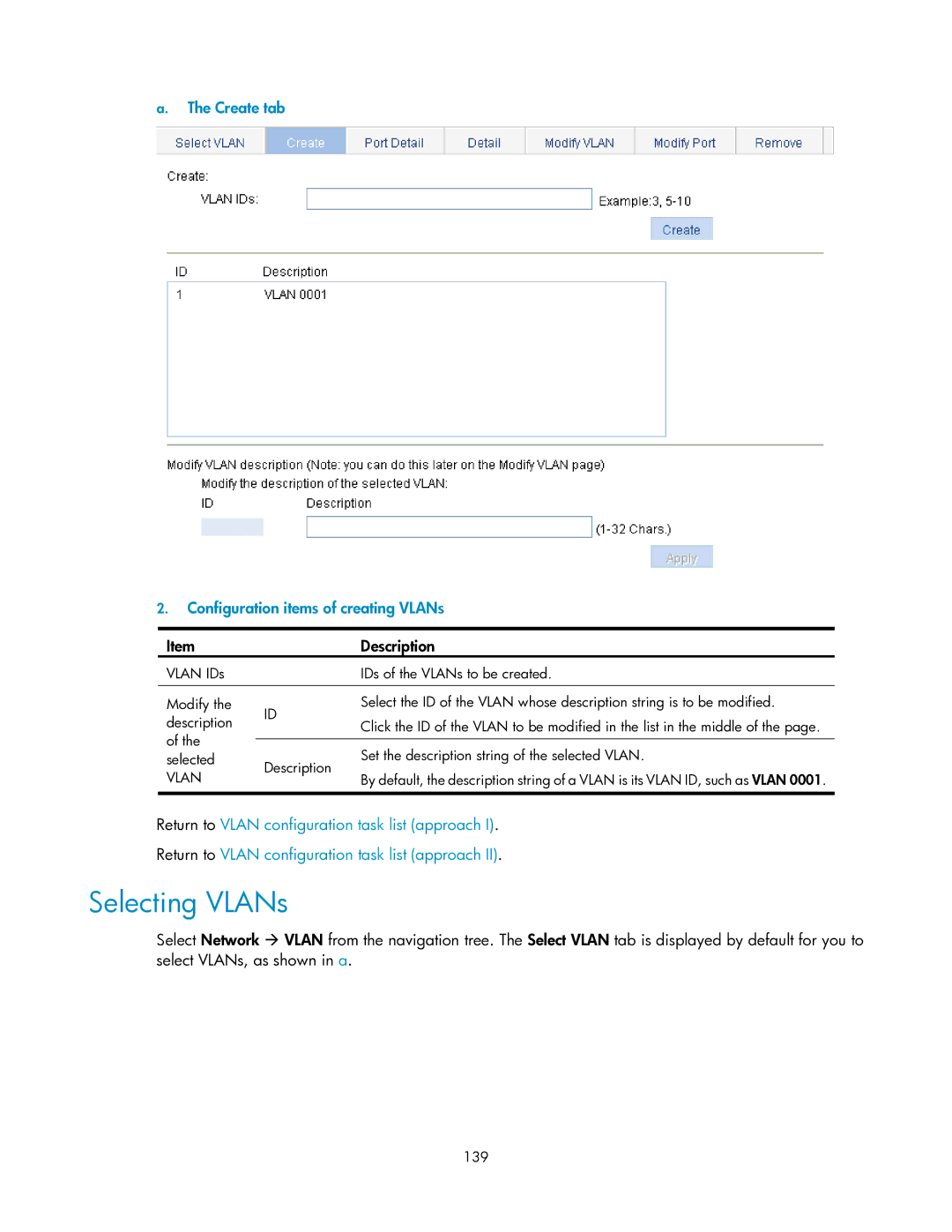 HP V1910 manual Selecting VLANs, Create tab Configuration items of creating VLANs, 139 