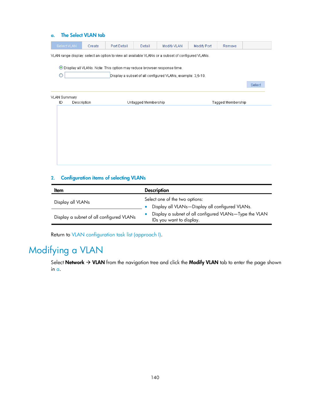 HP V1910 manual Modifying a Vlan, Select Vlan tab Configuration items of selecting VLANs, 140 