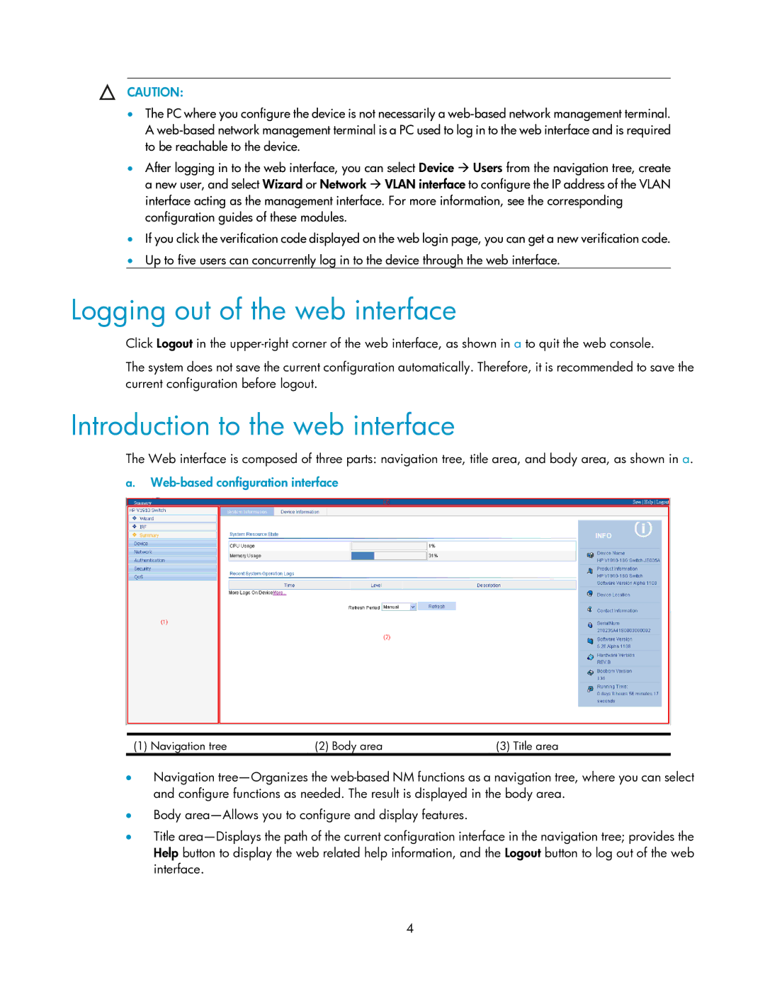 HP V1910 manual Logging out of the web interface, Introduction to the web interface, Web-based configuration interface 