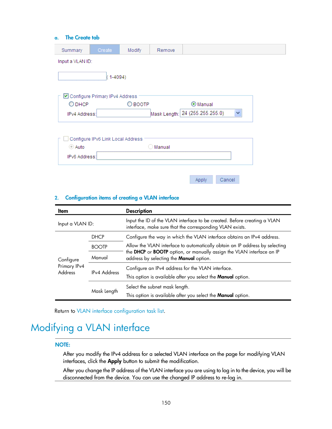 HP V1910 manual Modifying a Vlan interface, Create tab Configuration items of creating a Vlan interface, Bootp, 150 