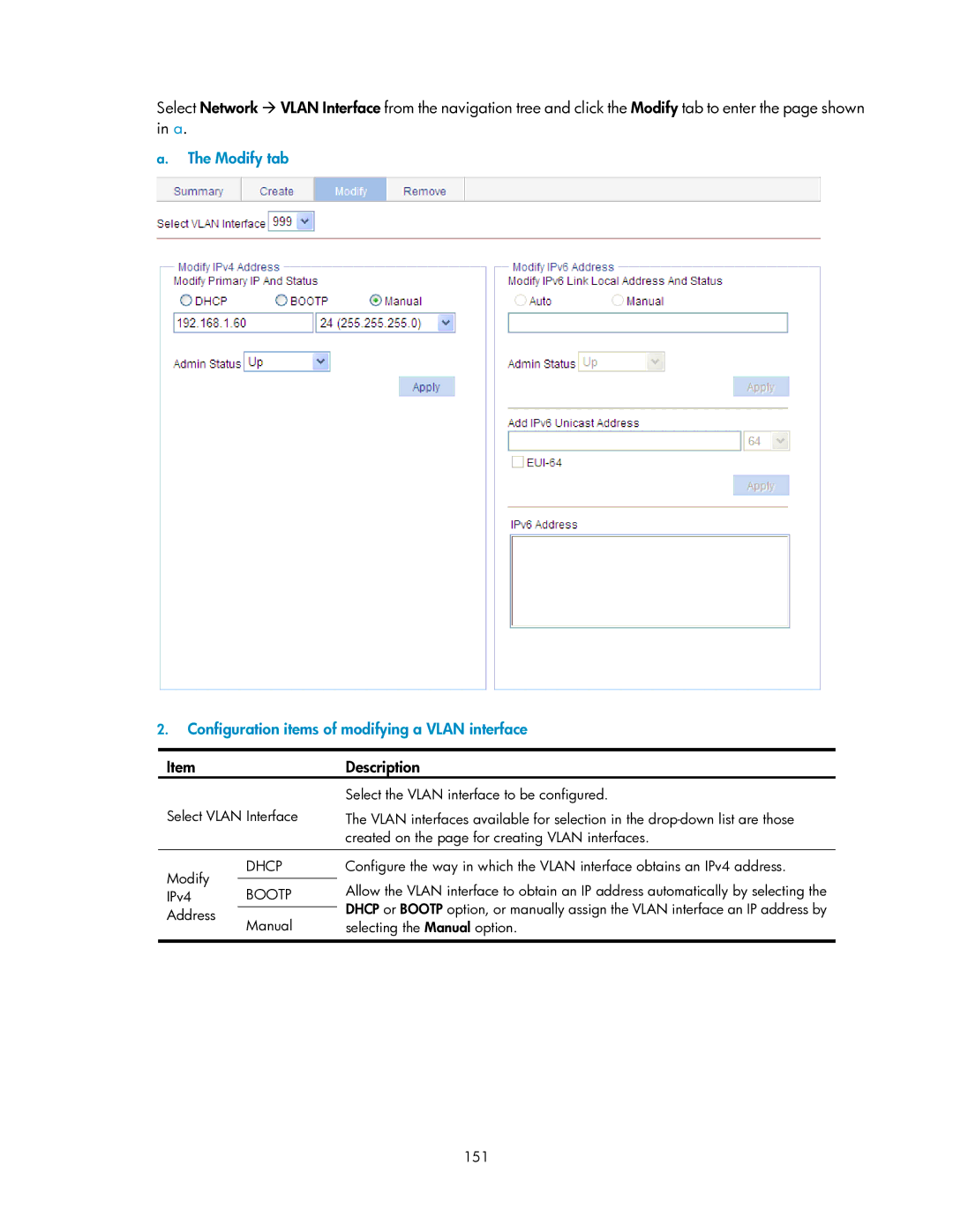 HP V1910 manual Modify tab Configuration items of modifying a Vlan interface, Select the Vlan interface to be configured 