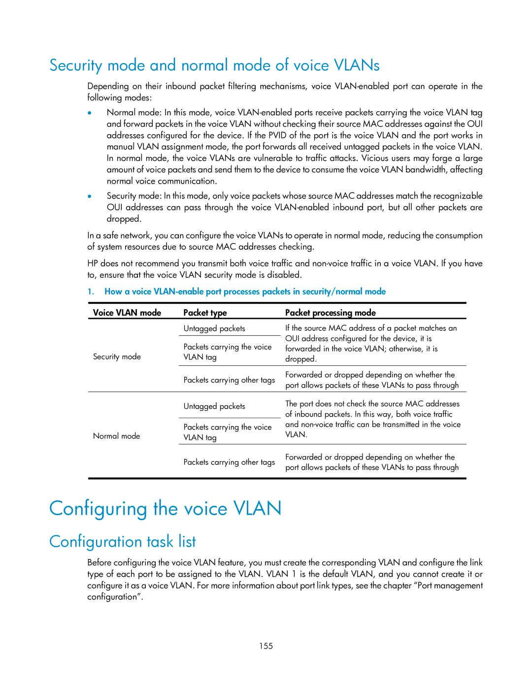 HP V1910 manual Configuring the voice Vlan, Security mode and normal mode of voice VLANs 