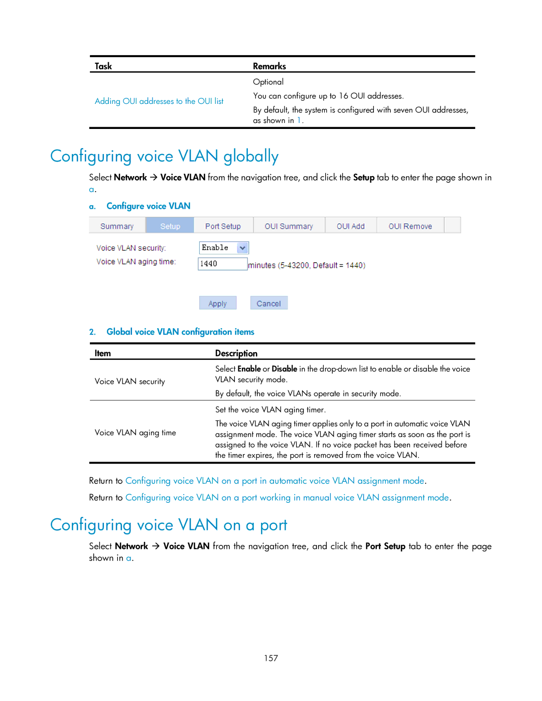 HP V1910 manual Configuring voice Vlan globally, Configuring voice Vlan on a port, 157 