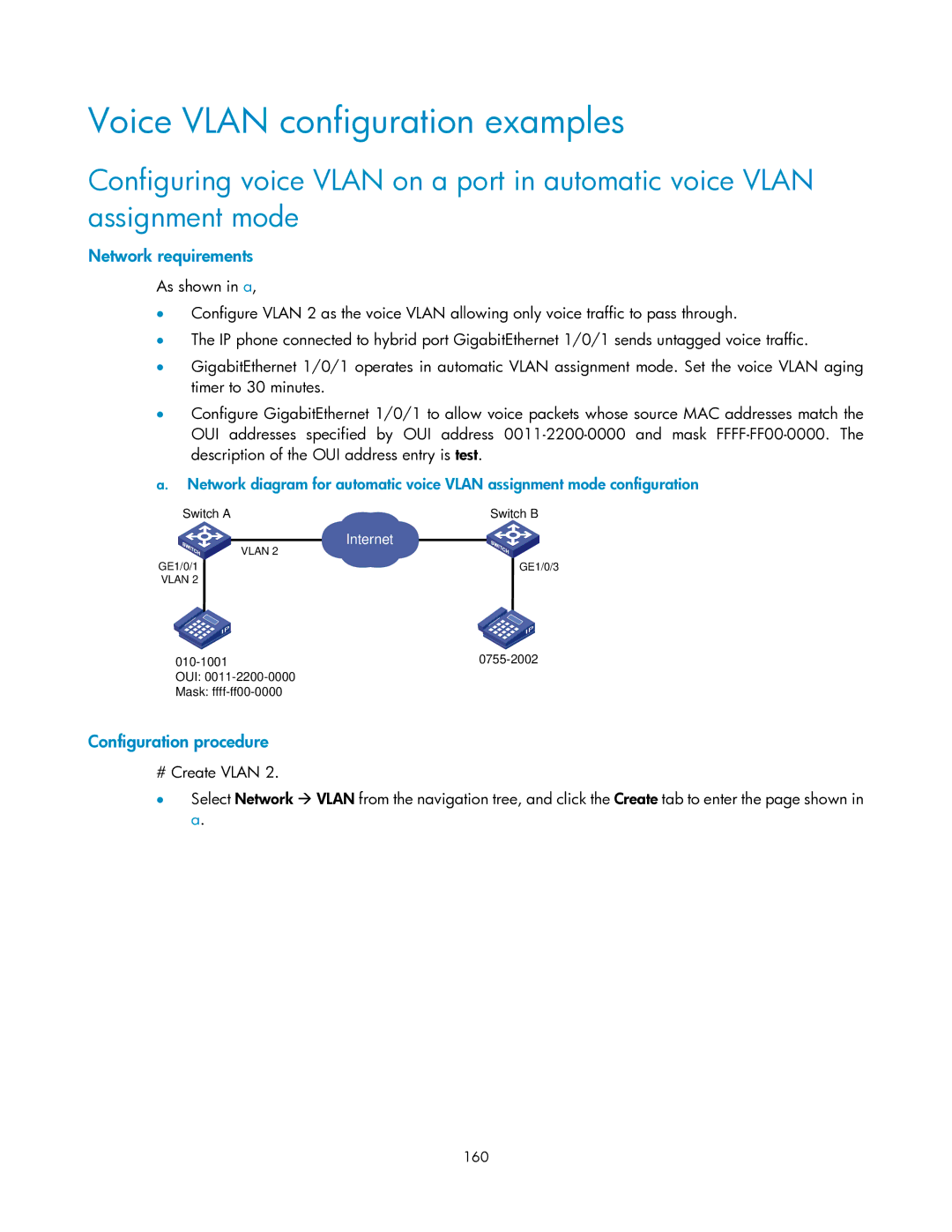 HP V1910 manual Voice Vlan configuration examples, 160 