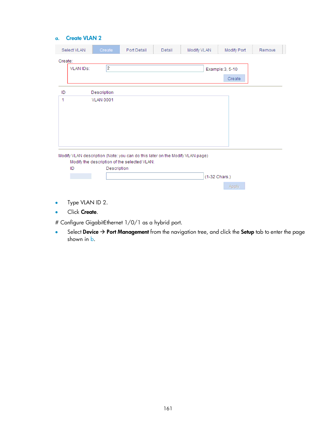 HP V1910 manual Create Vlan, 161 