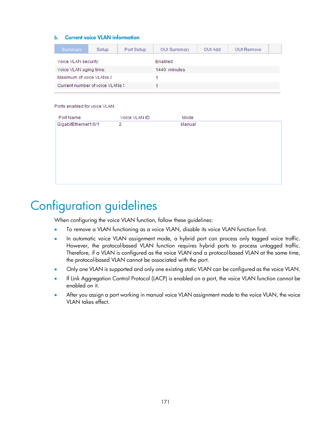 HP V1910 manual Current voice Vlan information, 171 