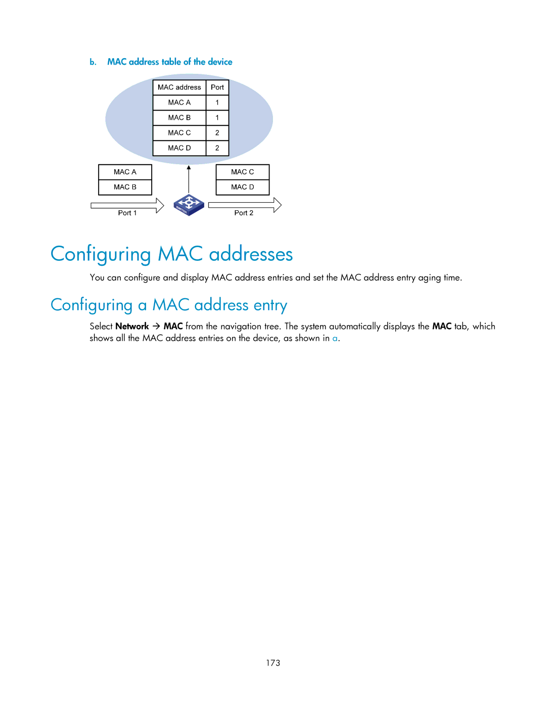 HP V1910 manual Configuring MAC addresses, Configuring a MAC address entry, MAC address table of the device, 173 