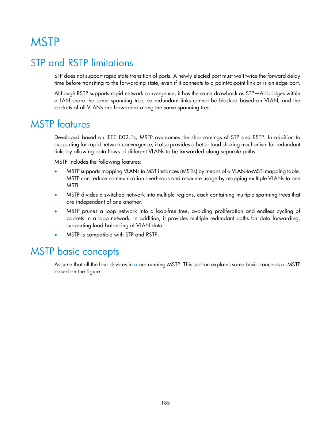 HP V1910 manual STP and Rstp limitations, Mstp features, Mstp basic concepts, 185 