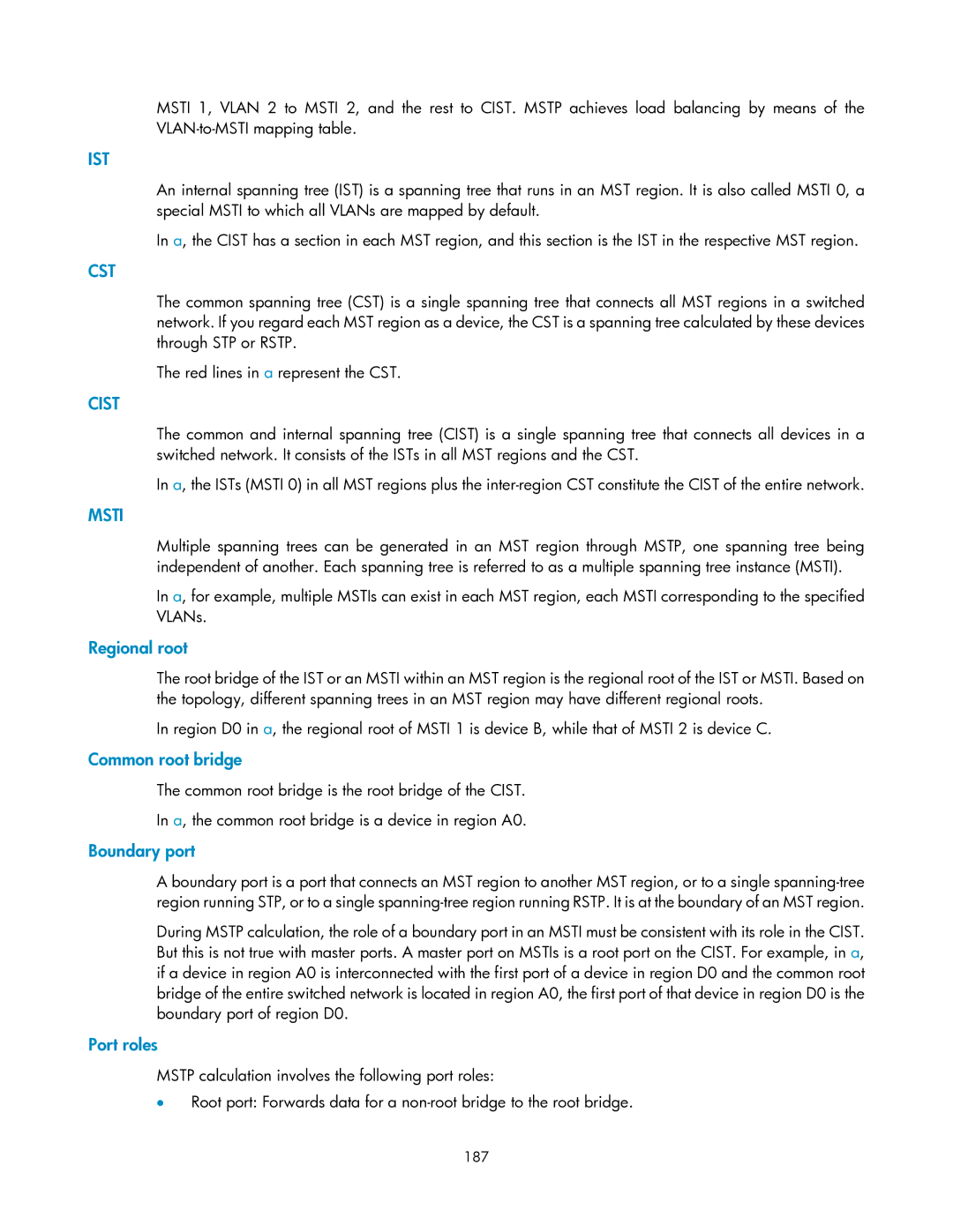 HP V1910 manual Regional root, Common root bridge, Boundary port, Port roles, 187 