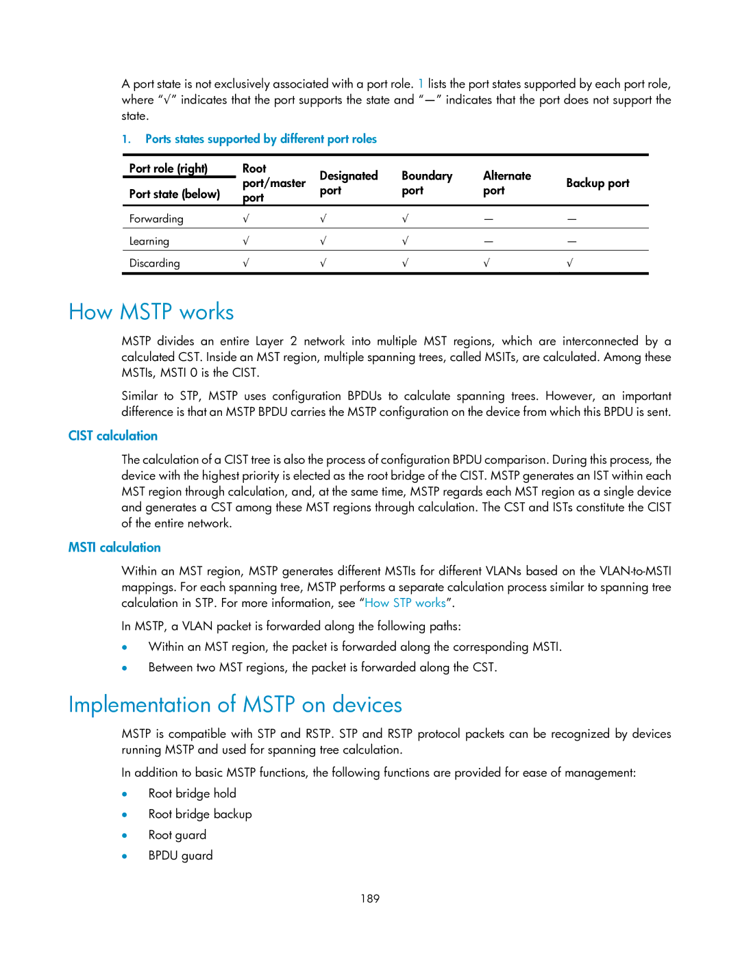 HP V1910 manual How Mstp works, Implementation of Mstp on devices, Cist calculation, Msti calculation 