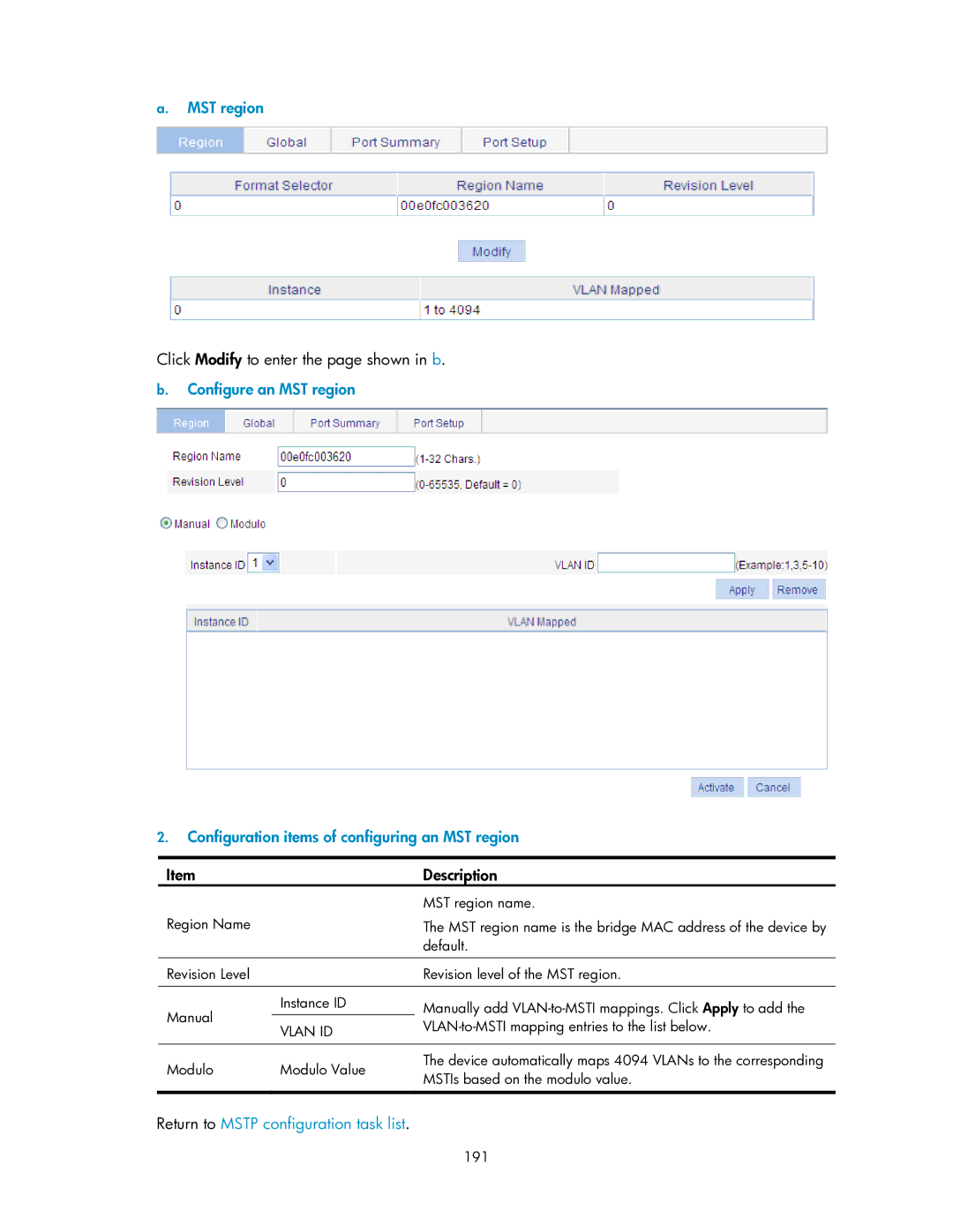 HP V1910 manual MST region, Click Modify to enter the page shown in b, Return to Mstp configuration task list, Vlan ID 