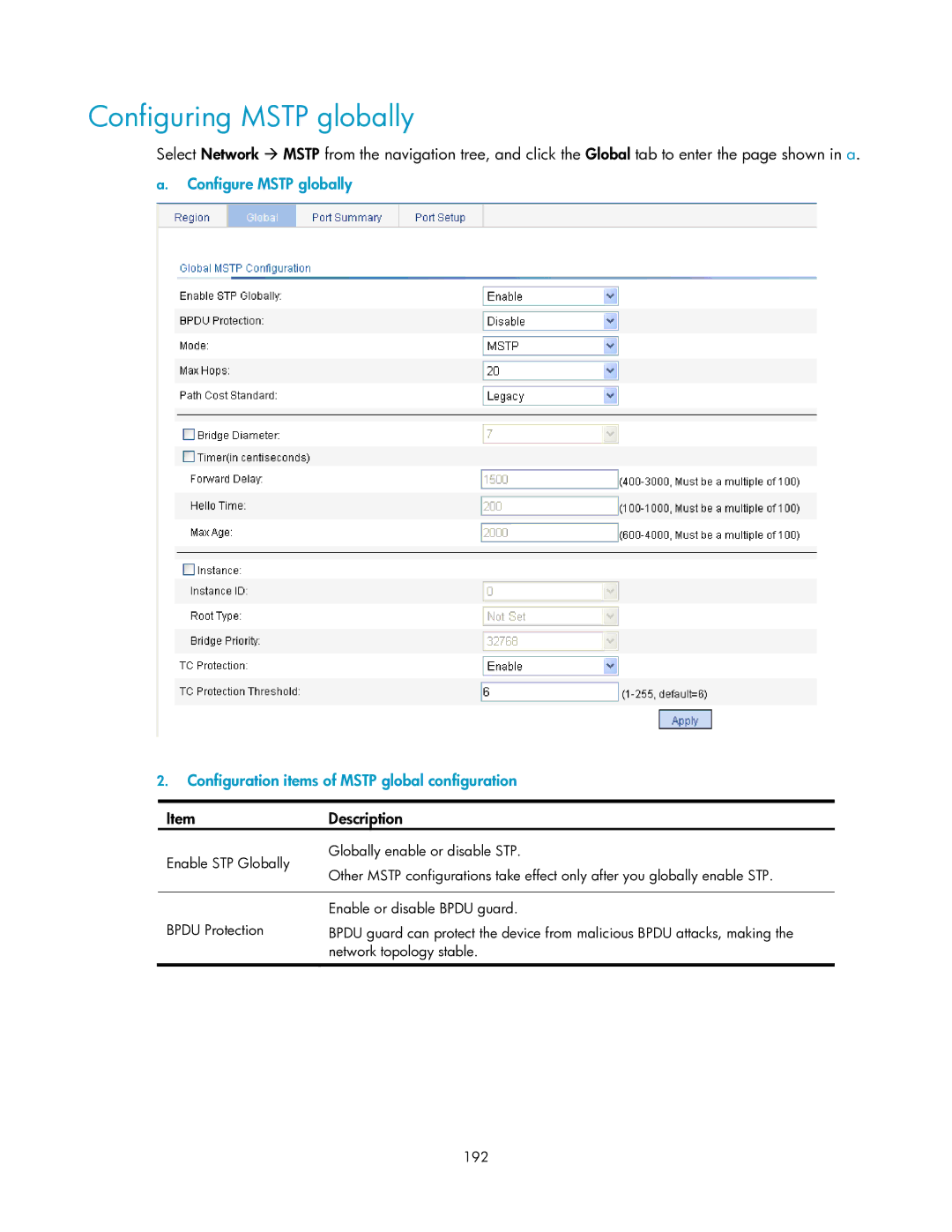 HP V1910 manual Configuring Mstp globally 