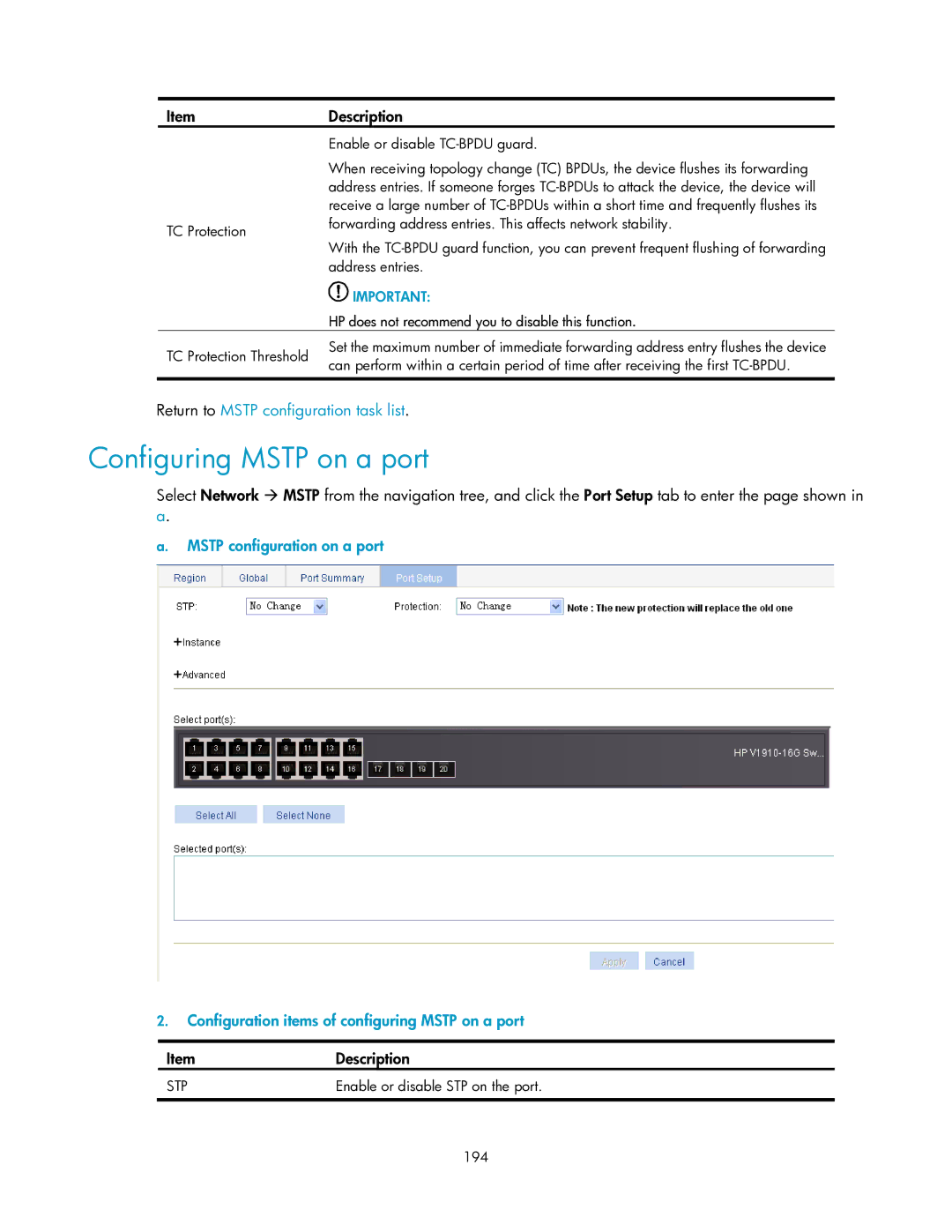 HP V1910 manual Configuring Mstp on a port, Stp 