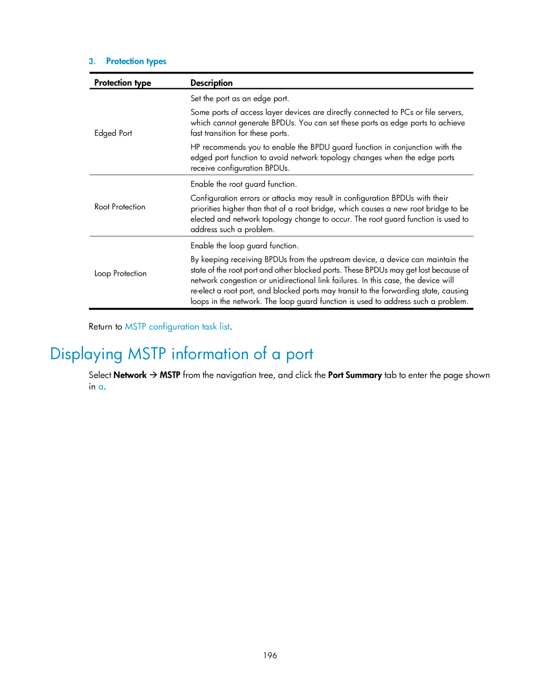 HP V1910 manual Displaying Mstp information of a port, Protection types, Protection type Description 