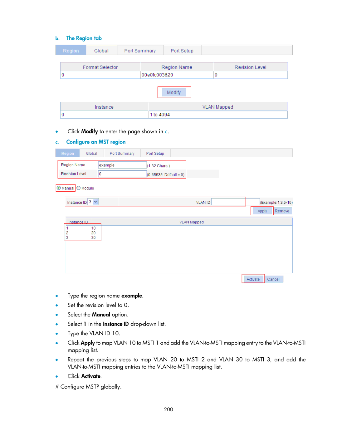 HP V1910 manual Region tab, ∙ Click Modify to enter the page shown in c, Configure an MST region, 200 