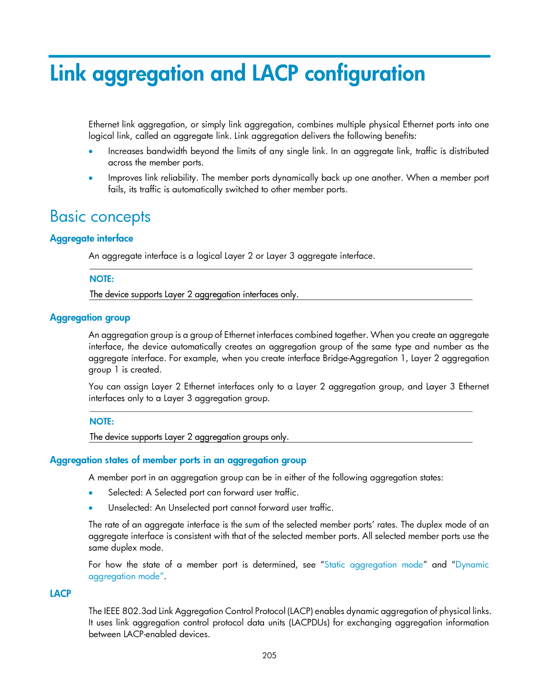 HP V1910 manual Link aggregation and Lacp configuration, Basic concepts, Aggregate interface, Aggregation group 