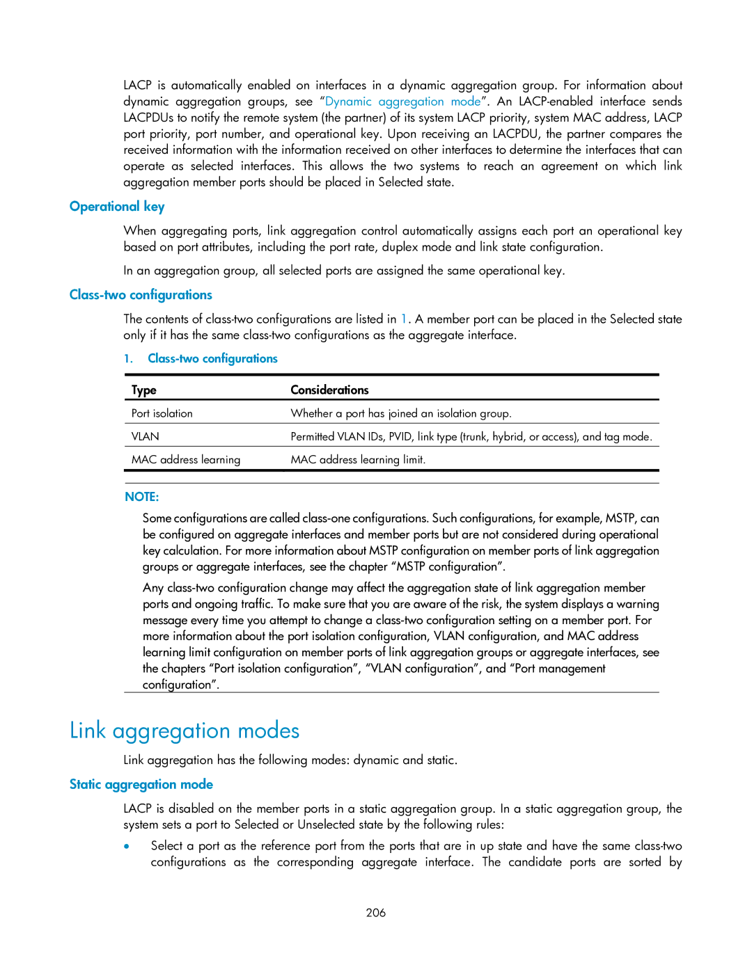 HP V1910 manual Link aggregation modes, Operational key, Class-two configurations, Static aggregation mode 