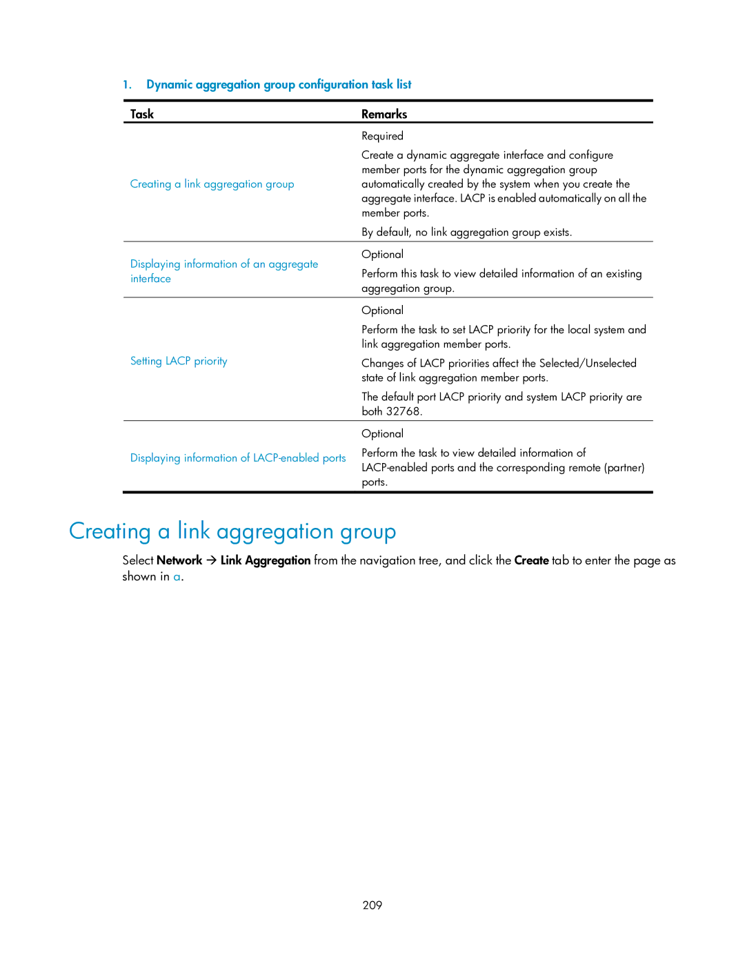 HP V1910 manual Creating a link aggregation group, Dynamic aggregation group configuration task list, Setting Lacp priority 