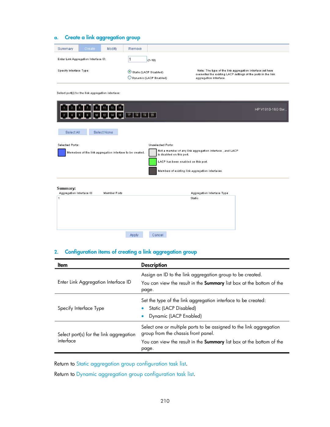 HP V1910 manual Assign an ID to the link aggregation group to be created, 210 