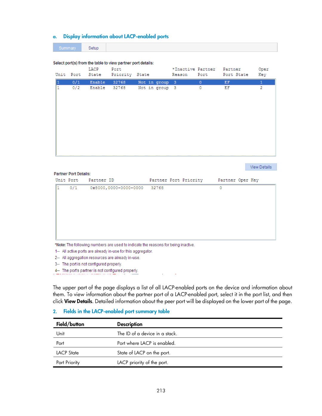 HP V1910 manual Display information about LACP-enabled ports, Fields in the LACP-enabled port summary table 