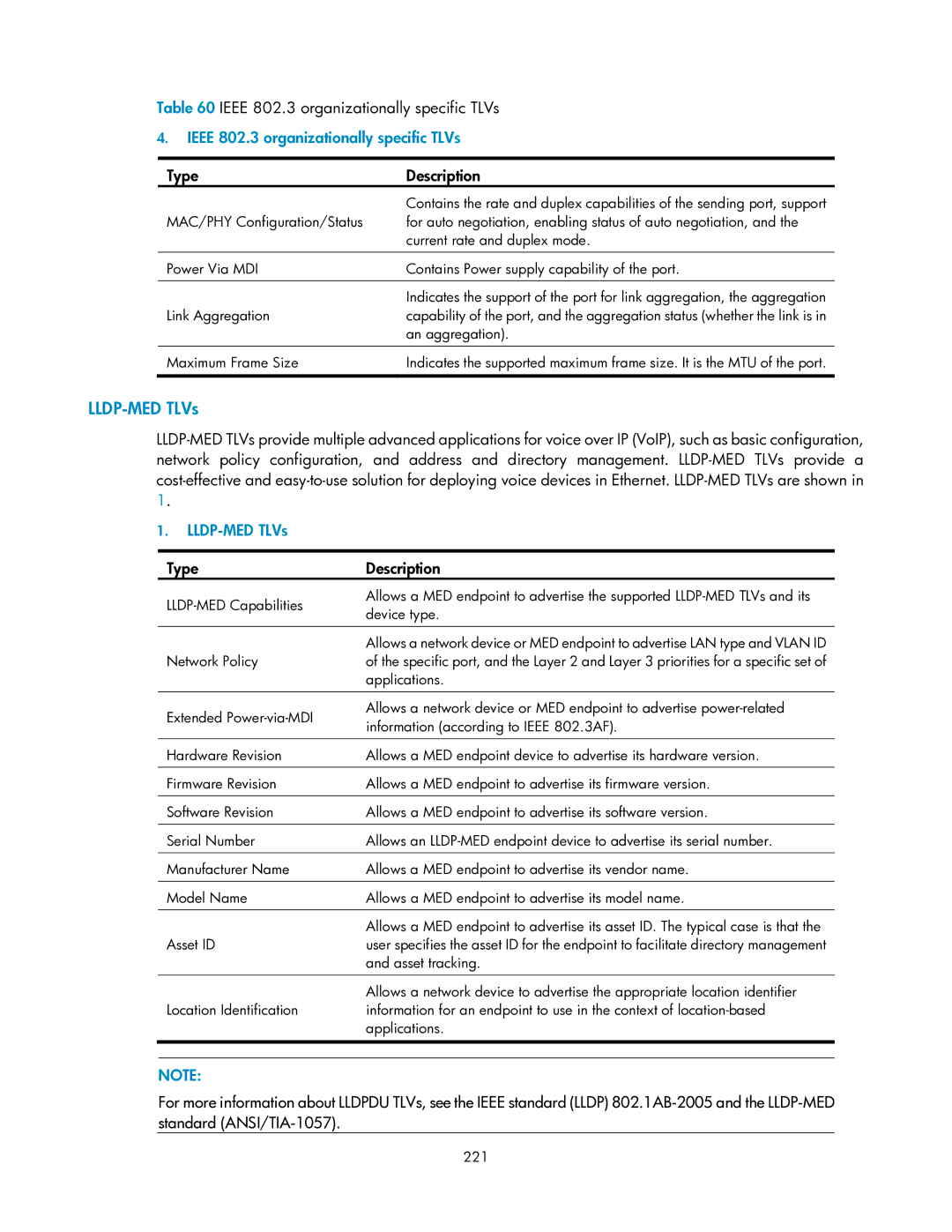 HP V1910 manual LLDP-MED TLVs, Ieee 802.3 organizationally specific TLVs 