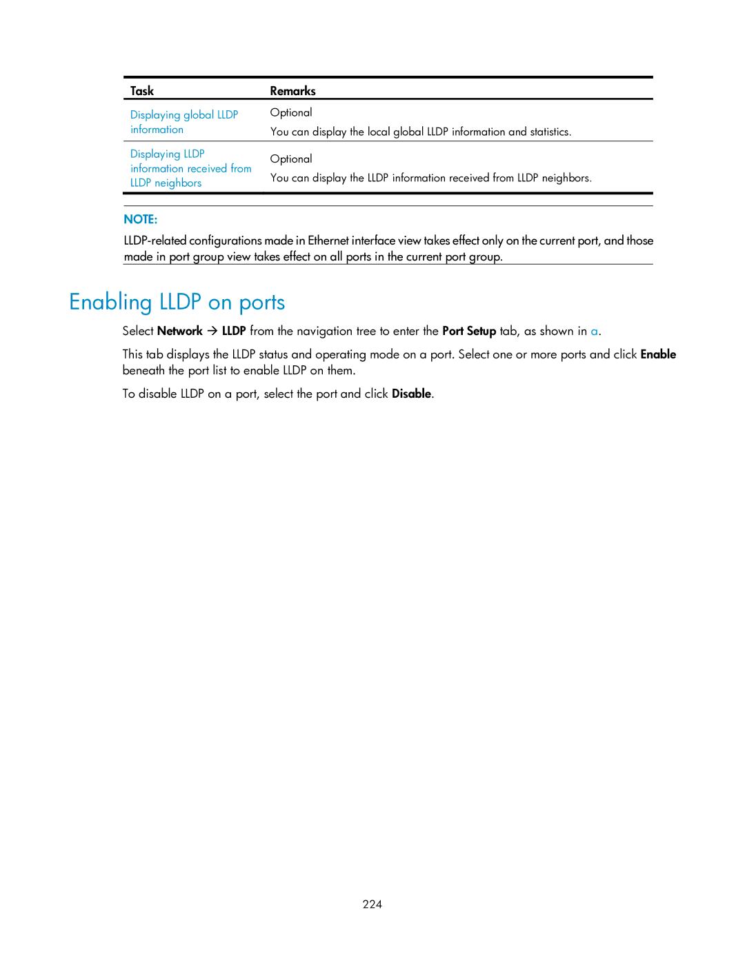 HP V1910 manual Enabling Lldp on ports, Task Remarks, 224 