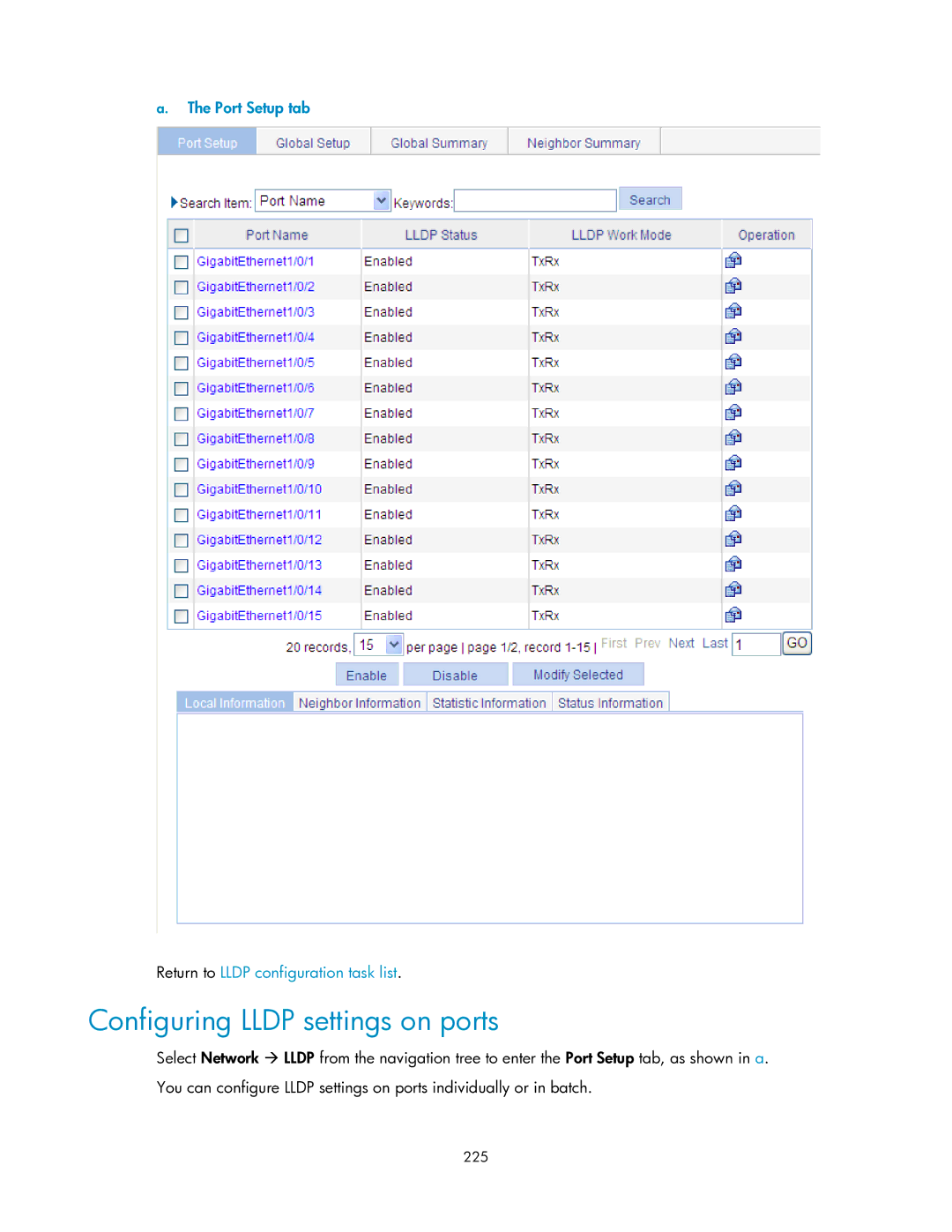 HP V1910 manual Configuring Lldp settings on ports, Port Setup tab Return to Lldp configuration task list, 225 