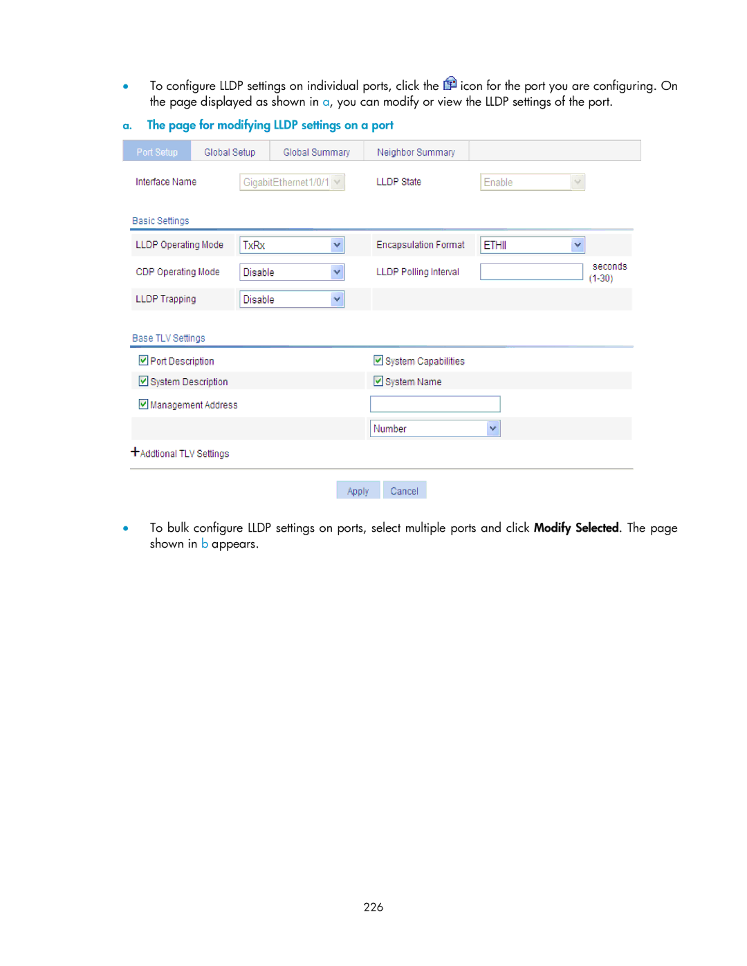 HP V1910 manual For modifying Lldp settings on a port, 226 