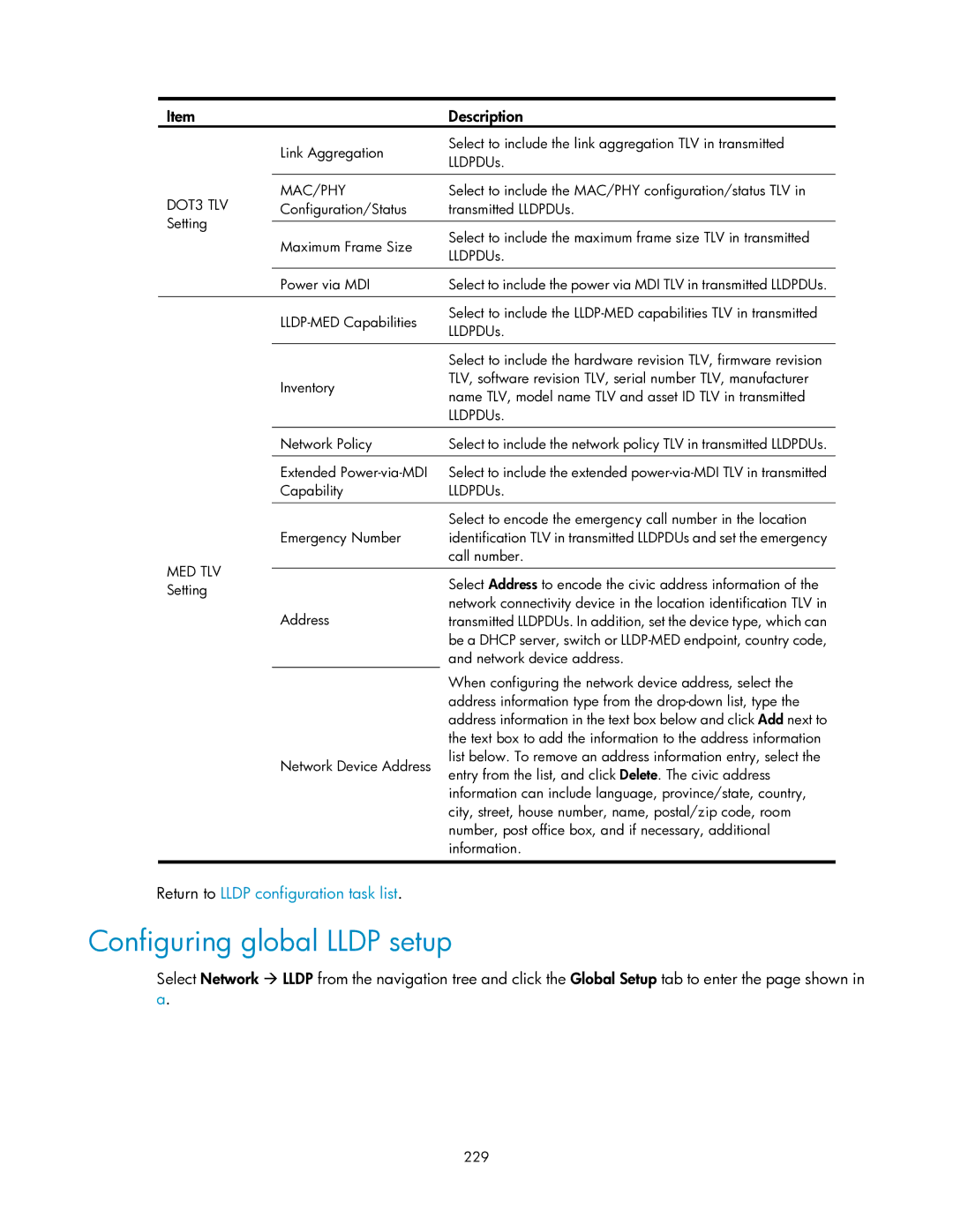 HP V1910 manual Configuring global Lldp setup, DOT3 TLV MAC/PHY 