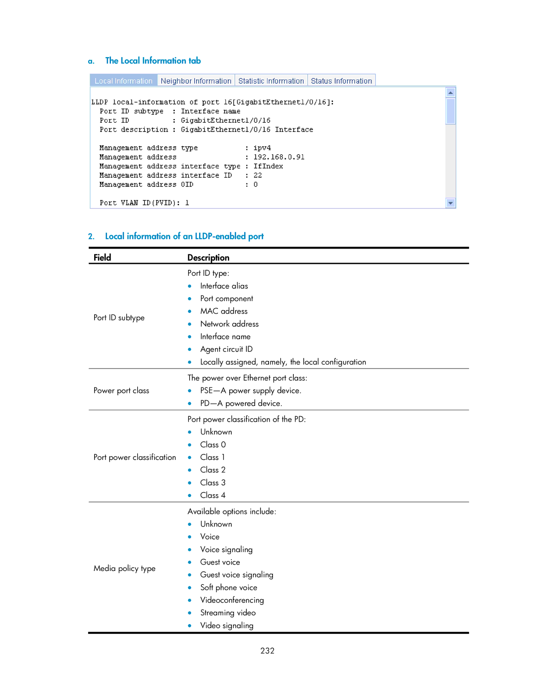 HP V1910 manual Port ID type, Interface alias, Port component 