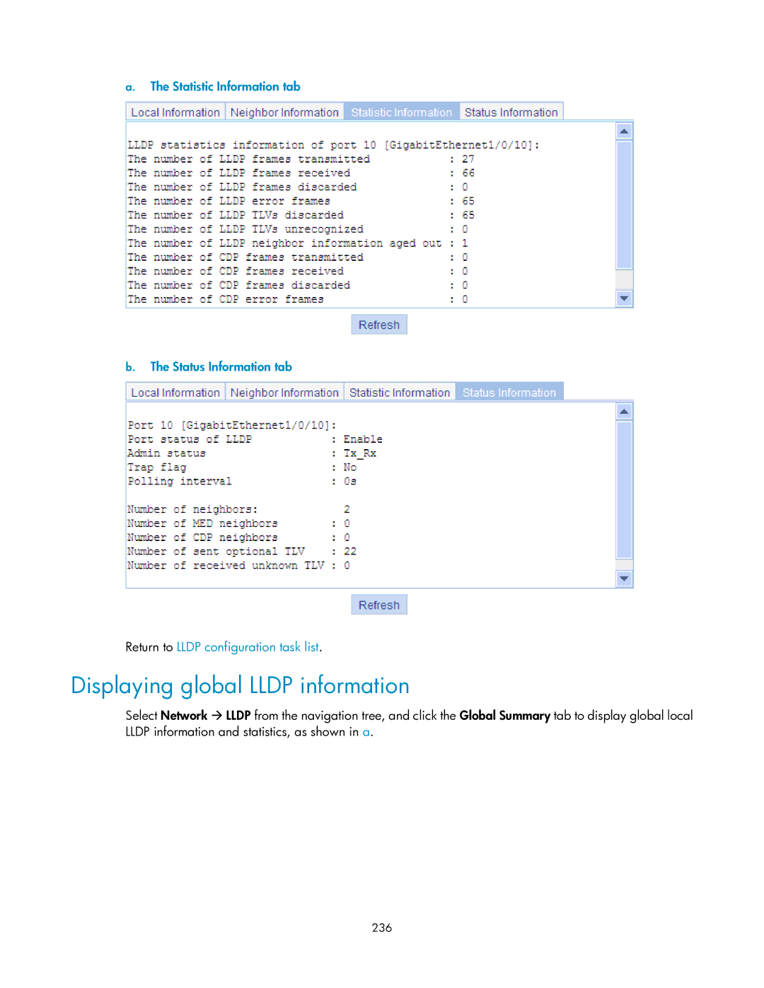 HP V1910 manual Displaying global Lldp information, 236 