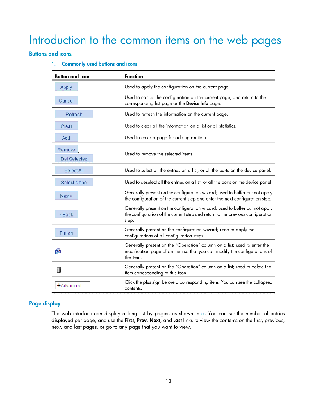 HP V1910 Introduction to the common items on the web pages, Buttons and icons, Display, Commonly used buttons and icons 