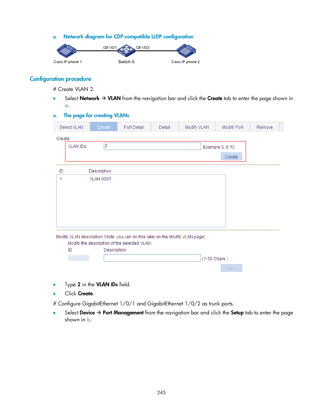 HP V1910 manual Network diagram for CDP-compatible Lldp configuration, For creating VLANs, 245 