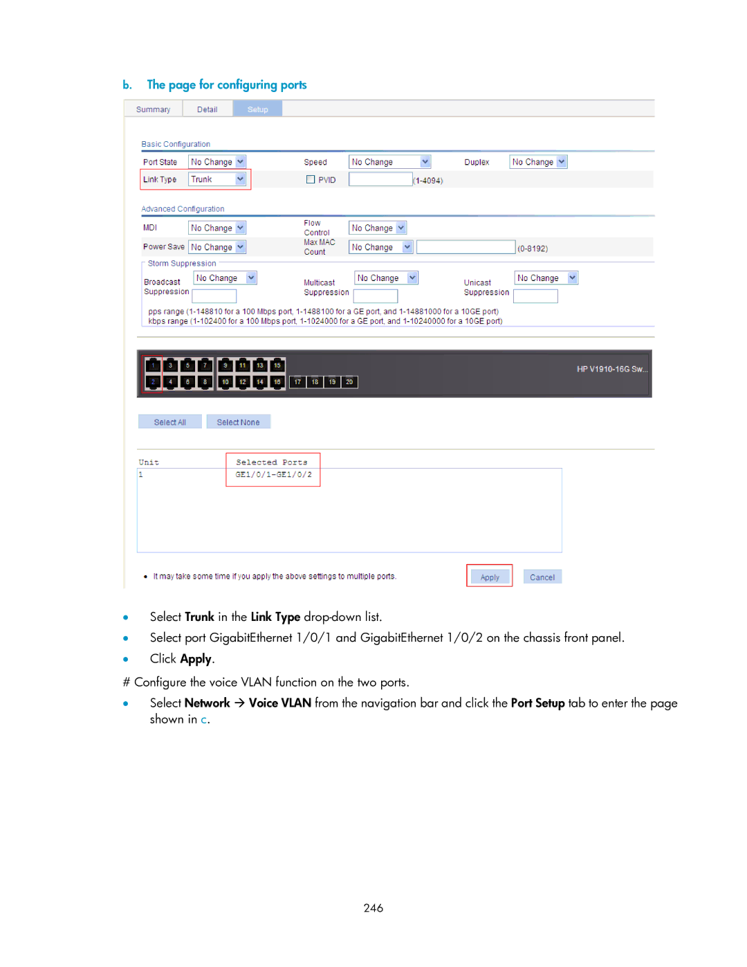 HP V1910 manual For configuring ports, 246 