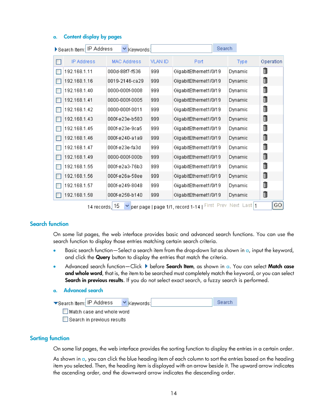 HP V1910 manual Search function, Sorting function, Content display by pages, Advanced search 