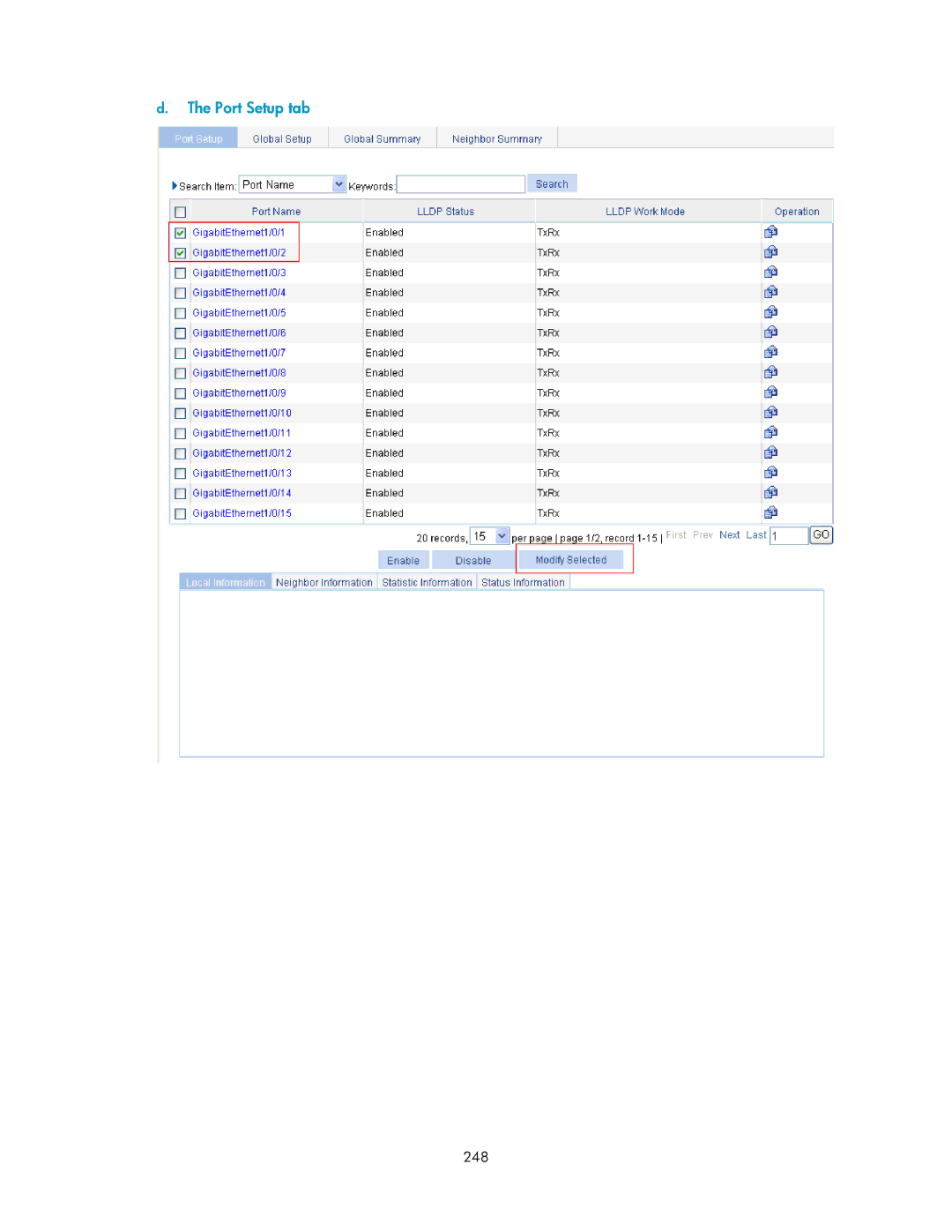 HP V1910 manual Port Setup tab, 248 