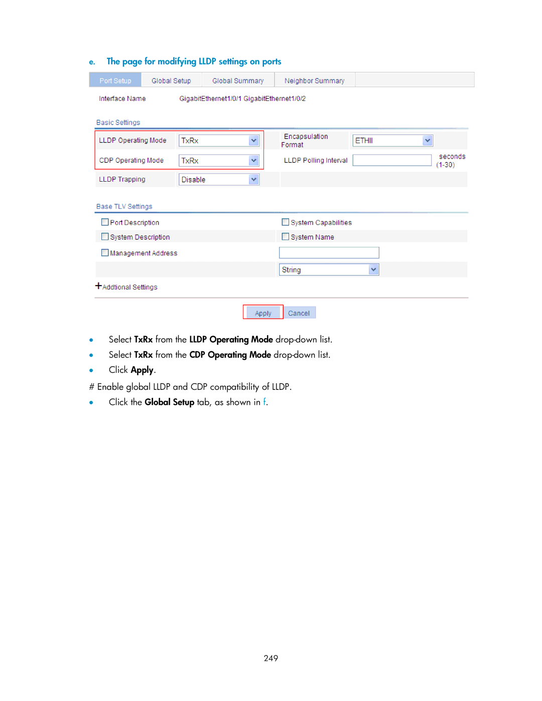 HP V1910 manual For modifying Lldp settings on ports, 249 