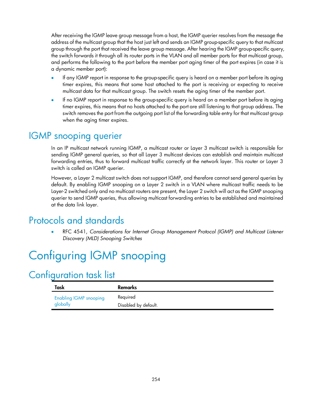 HP V1910 manual Configuring Igmp snooping, Igmp snooping querier, 254 