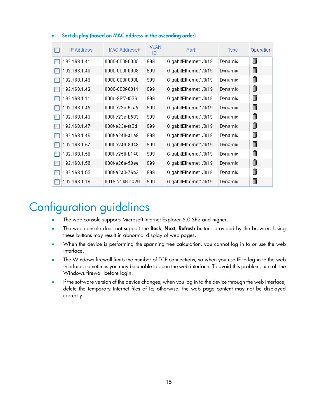 HP V1910 manual Configuration guidelines, Sort display based on MAC address in the ascending order 