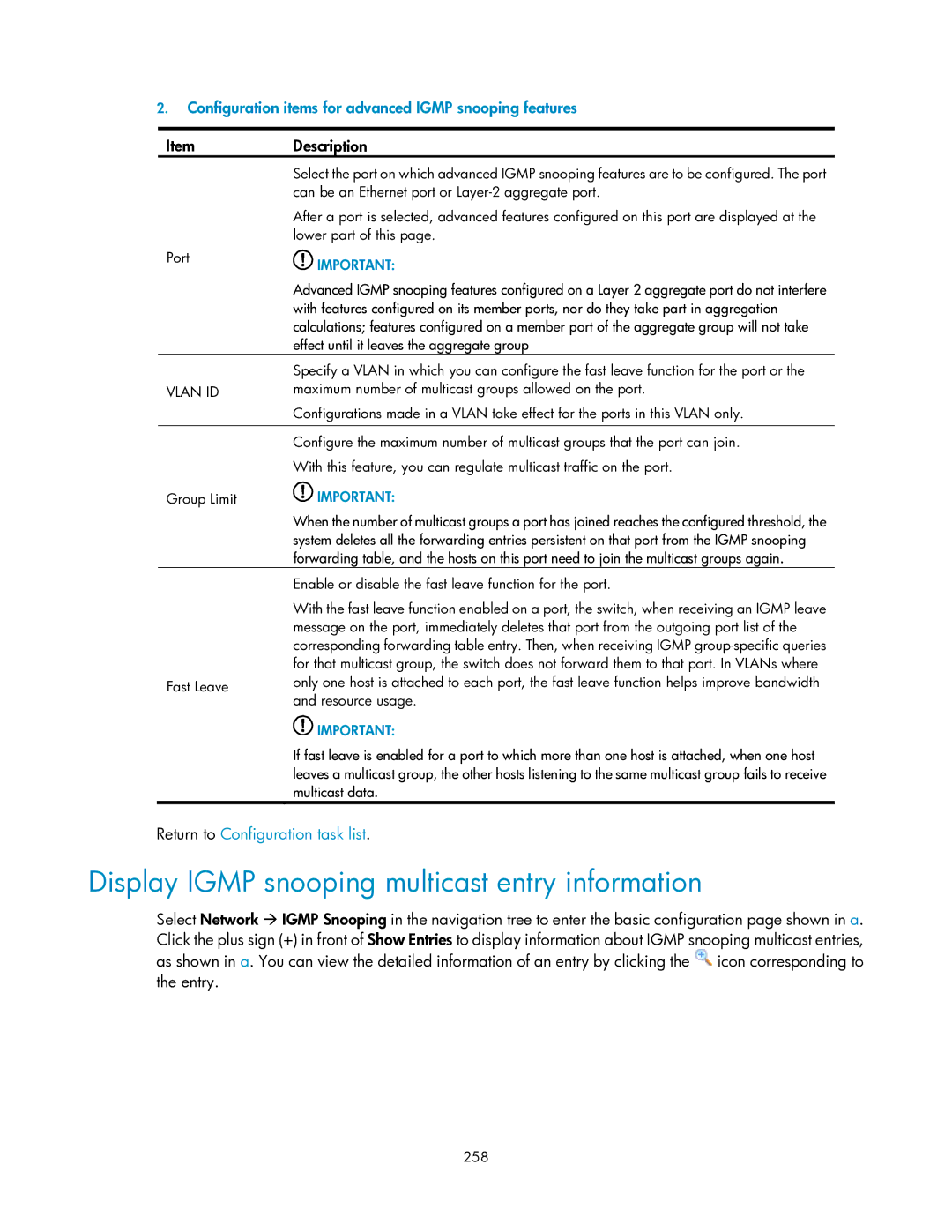 HP V1910 manual Display Igmp snooping multicast entry information, Configuration items for advanced Igmp snooping features 