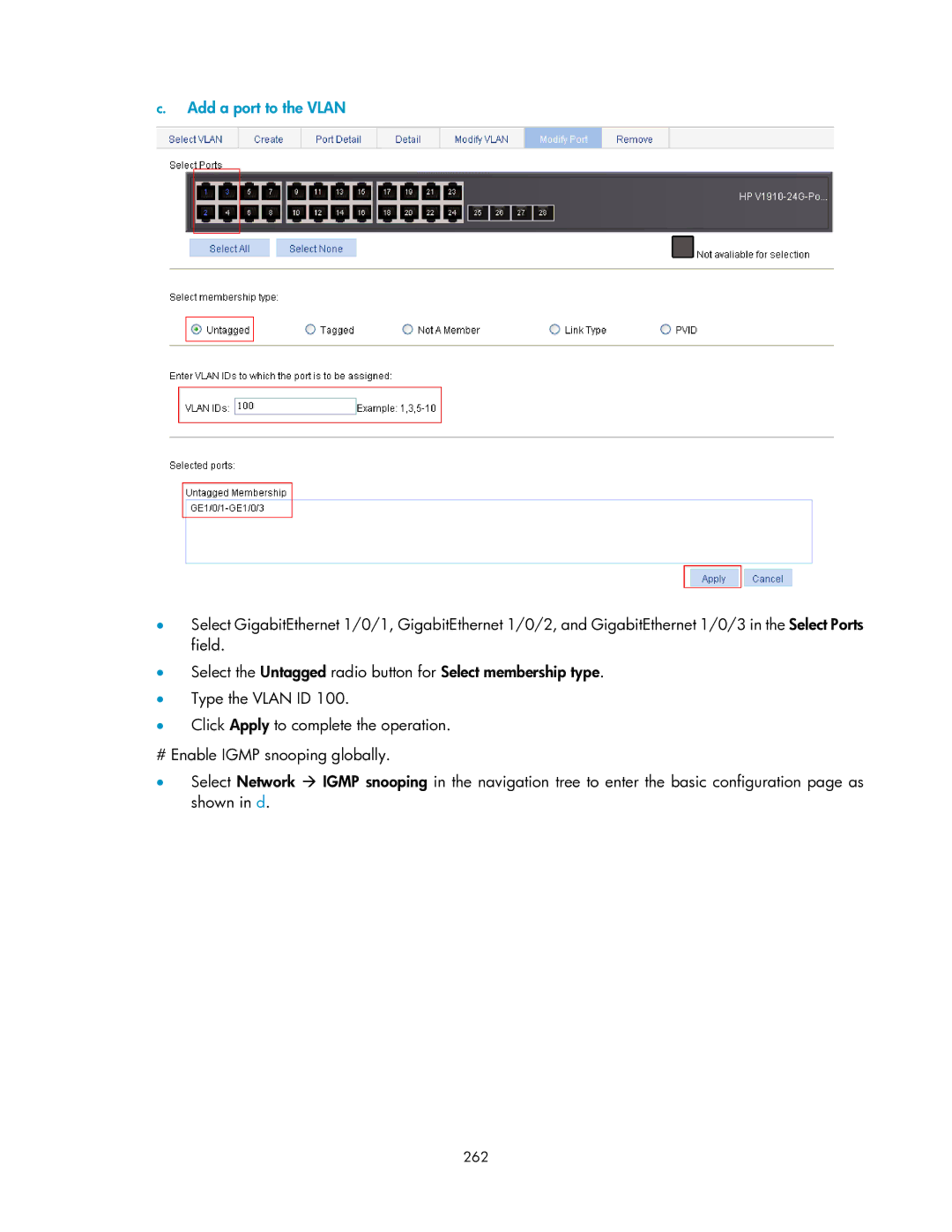 HP V1910 manual Add a port to the Vlan, 262 