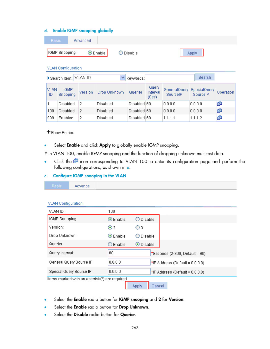 HP V1910 manual Enable Igmp snooping globally, Configure Igmp snooping in the Vlan, 263 