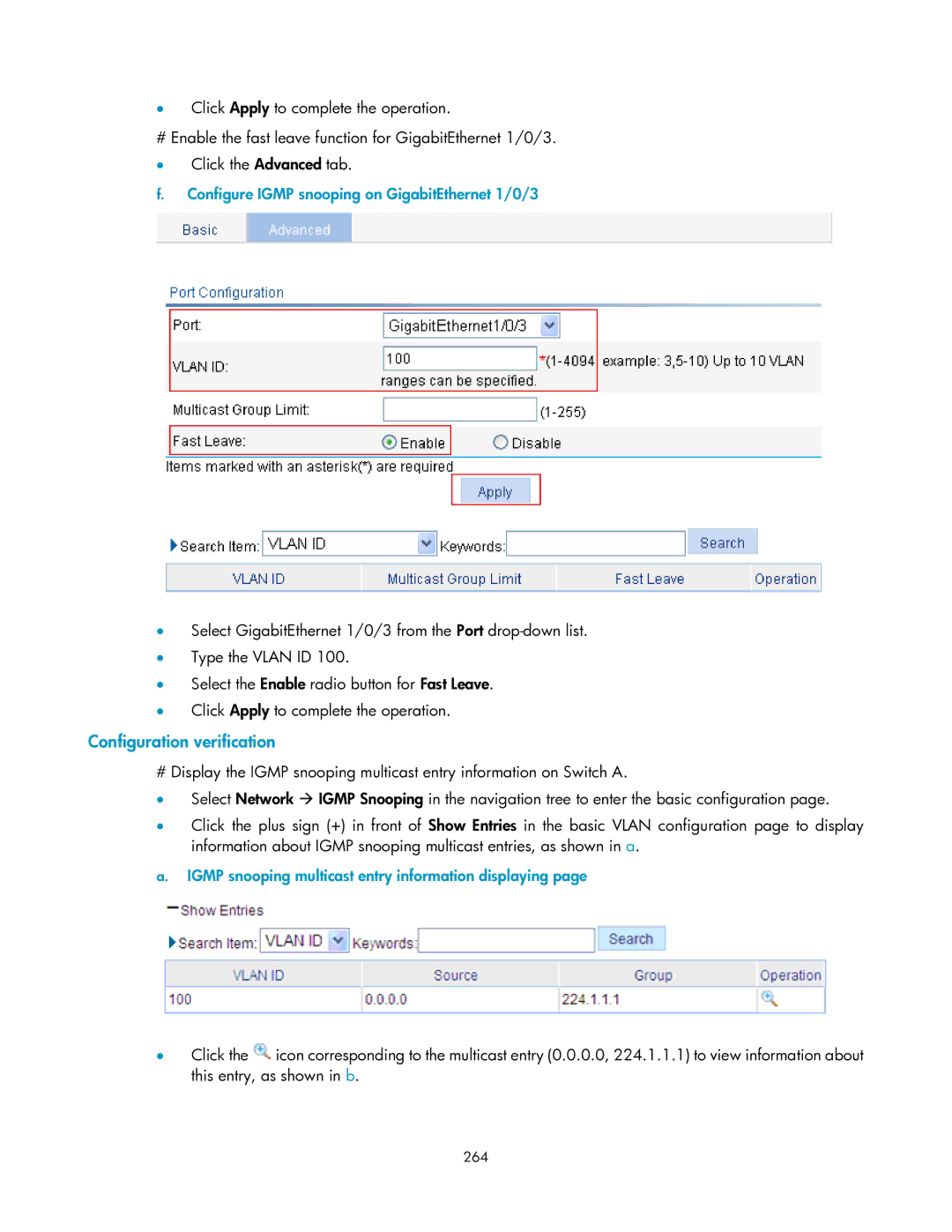 HP V1910 manual Configure Igmp snooping on GigabitEthernet 1/0/3, Igmp snooping multicast entry information displaying, 264 