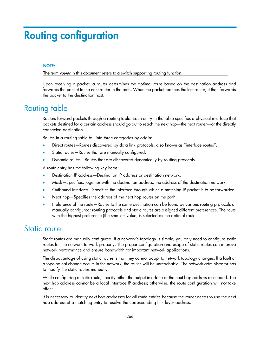 HP V1910 manual Routing configuration, Routing table, Static route, 266 